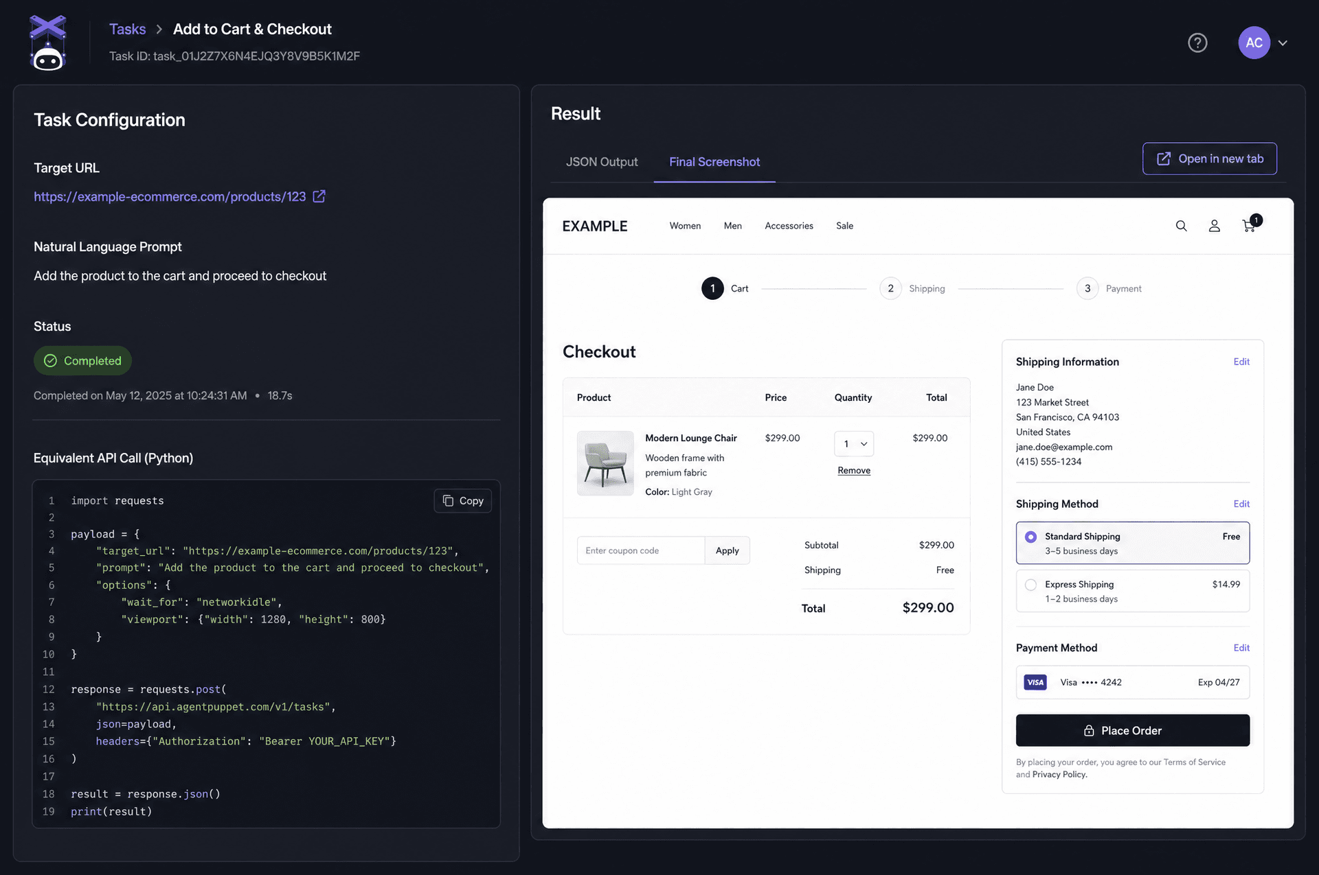 Detailed view of an AgentPuppet automation task, showing the prompt, API code, and the final browser screenshot of a checkout page.